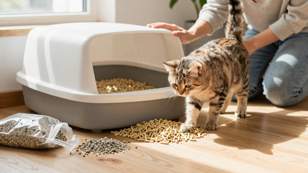 Gato perto de caixa de areia e pellets espalhados no chão com pessoa ao fundo em ambiente iluminado.