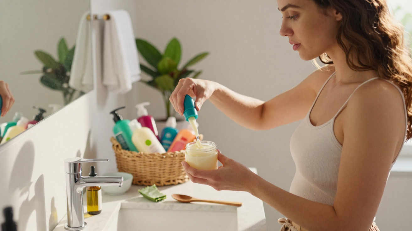 Mulher a aplicar creme facial num frasco num banheiro com produtos de cuidado pessoal ao fundo.