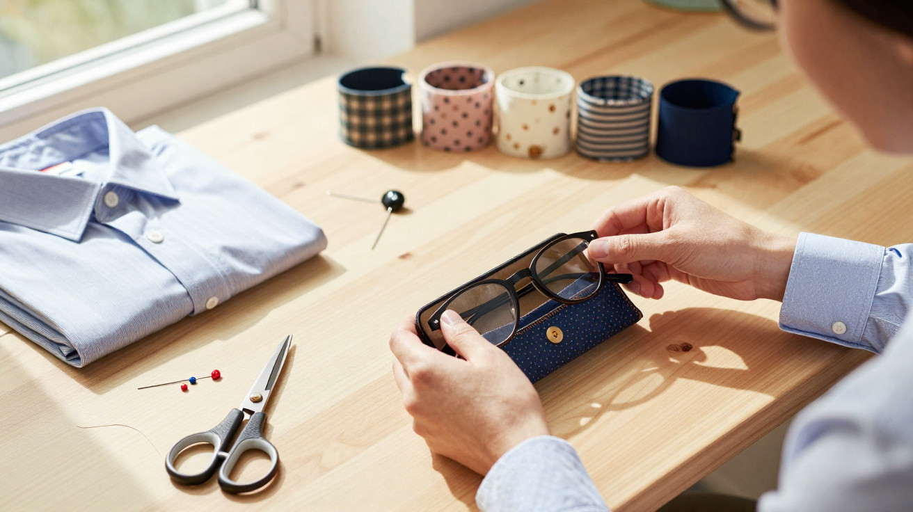 Pessoa com camisa azul segura óculos e estojo sobre mesa com tesoura, alfinetes, camisa e fitas decorativas.