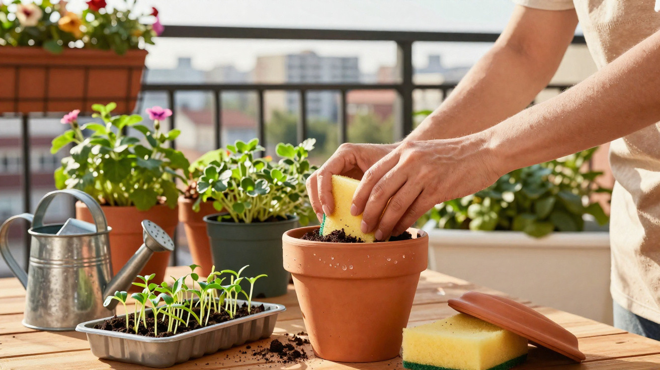 Mãos a limpar vaso de barro com esponja, plantas e regador num terraço ao ar livre.