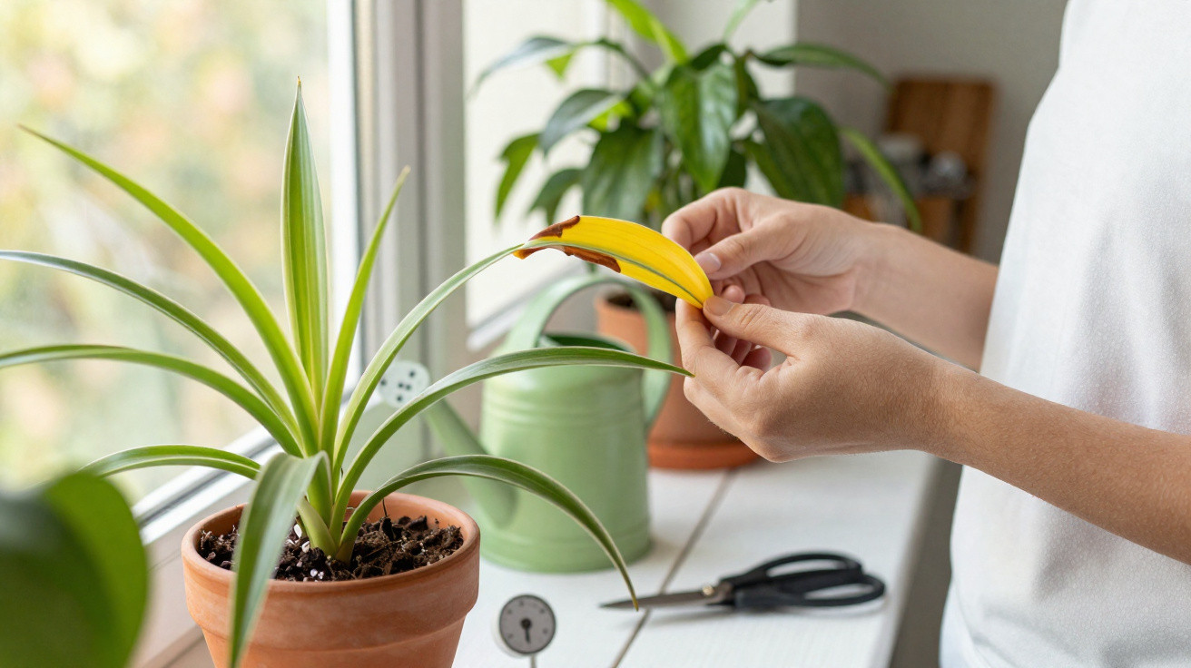 Mãos seguram folha amarela e seca de planta num vaso junto a janela com regador verde e tesoura.