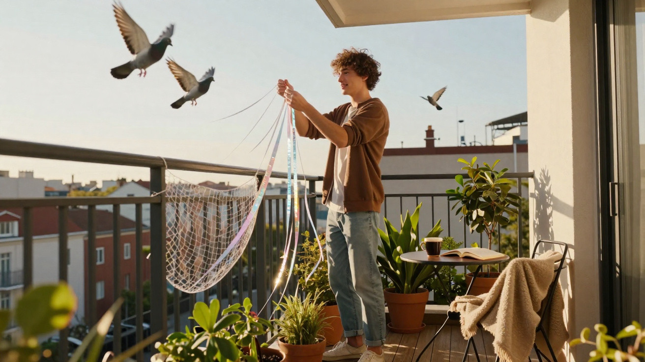 Jovem com rede no terraço a ver pombos a voar ao amanhecer, rodeado de plantas e mobília exterior.