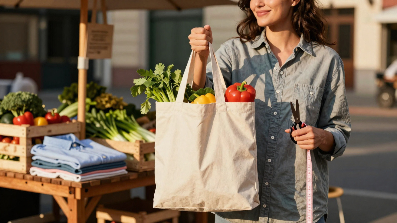 Mulher sorridente segura saco de pano com legumes frescos num mercado ao ar livre.