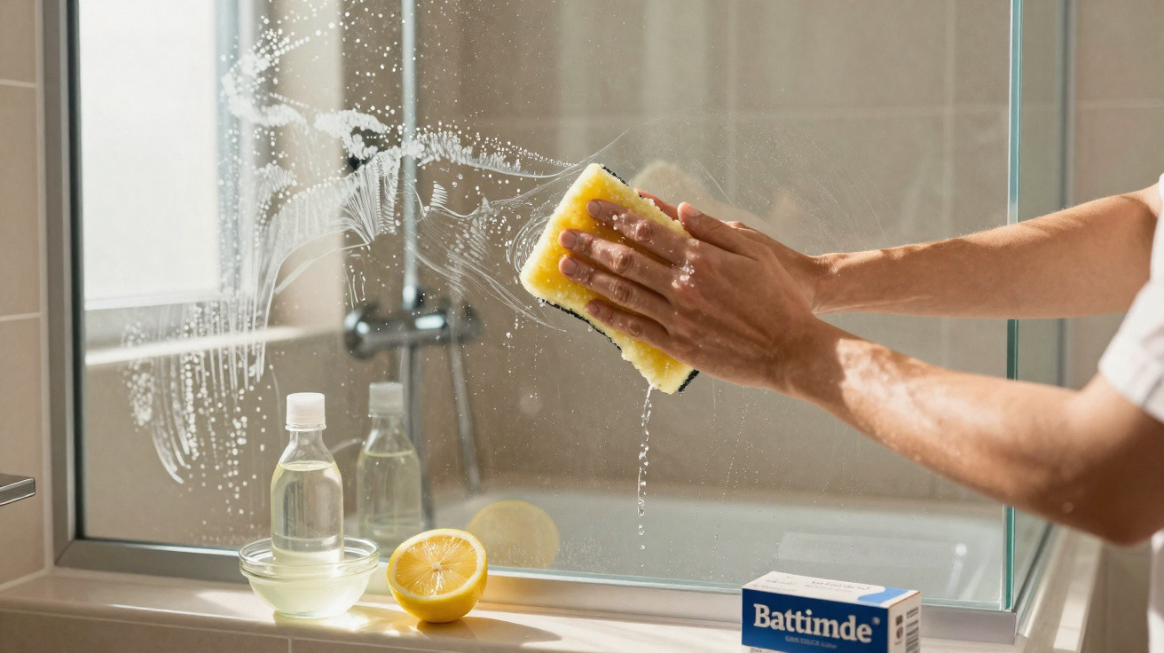 Mãos a limpar um espelho de casa de banho com uma esponja amarela e produtos de limpeza naturais na janela.
