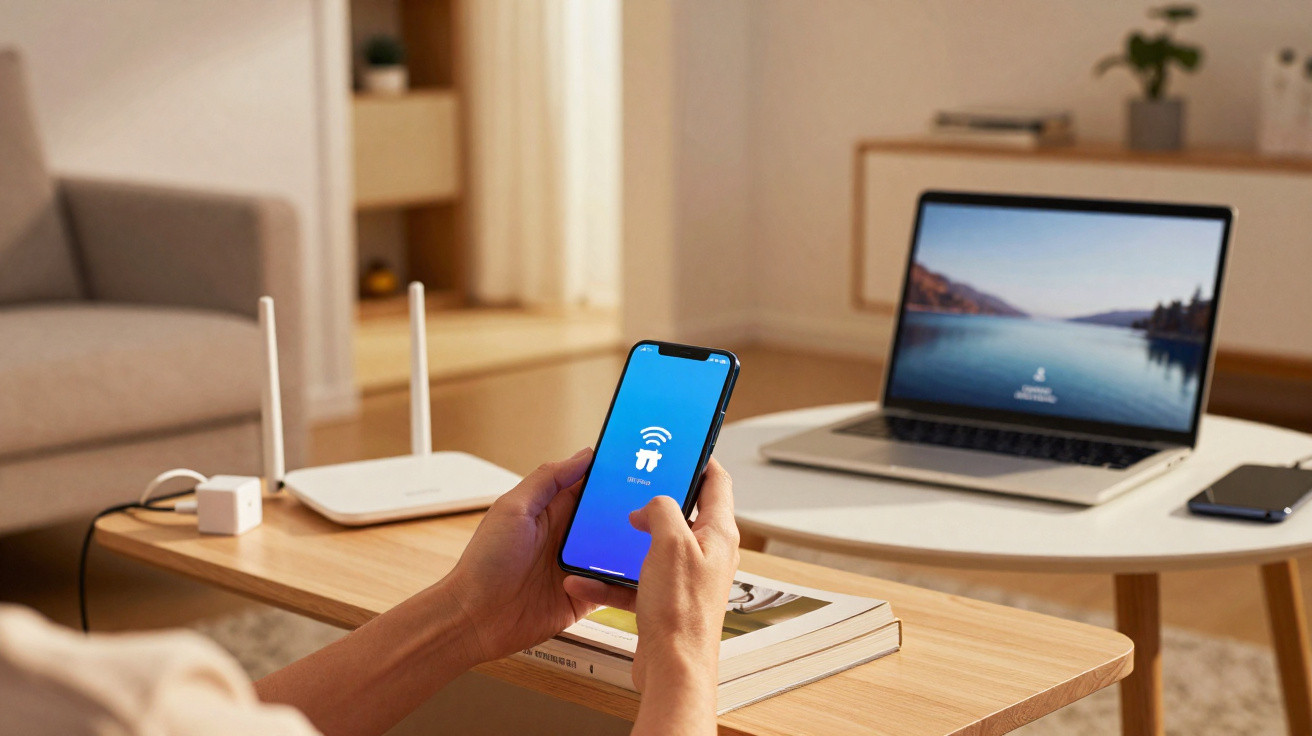Pessoa a segurar smartphone com símbolo de Wi-Fi, lado a lado com router e portátil numa sala moderna.