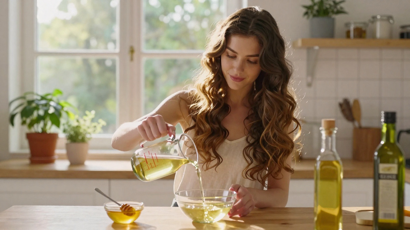 Mulher com cabelo ondulado a verter azeite num recipiente num ambiente de cozinha iluminada.