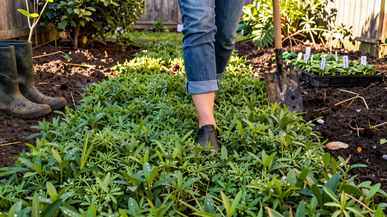 Pessoa de jeans e sapatos pretos a pisar plantas jovens num jardim, com enxada e botas ao lado.