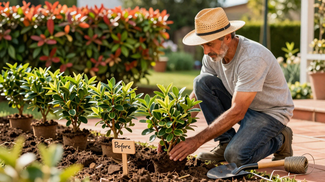 Homem com chapéu planta arbusto num jardim soalheiro com várias plantas em vasos.