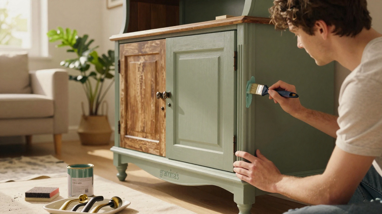 Homem a pintar um móvel de madeira com tinta verde dentro de casa, com pincel na mão.