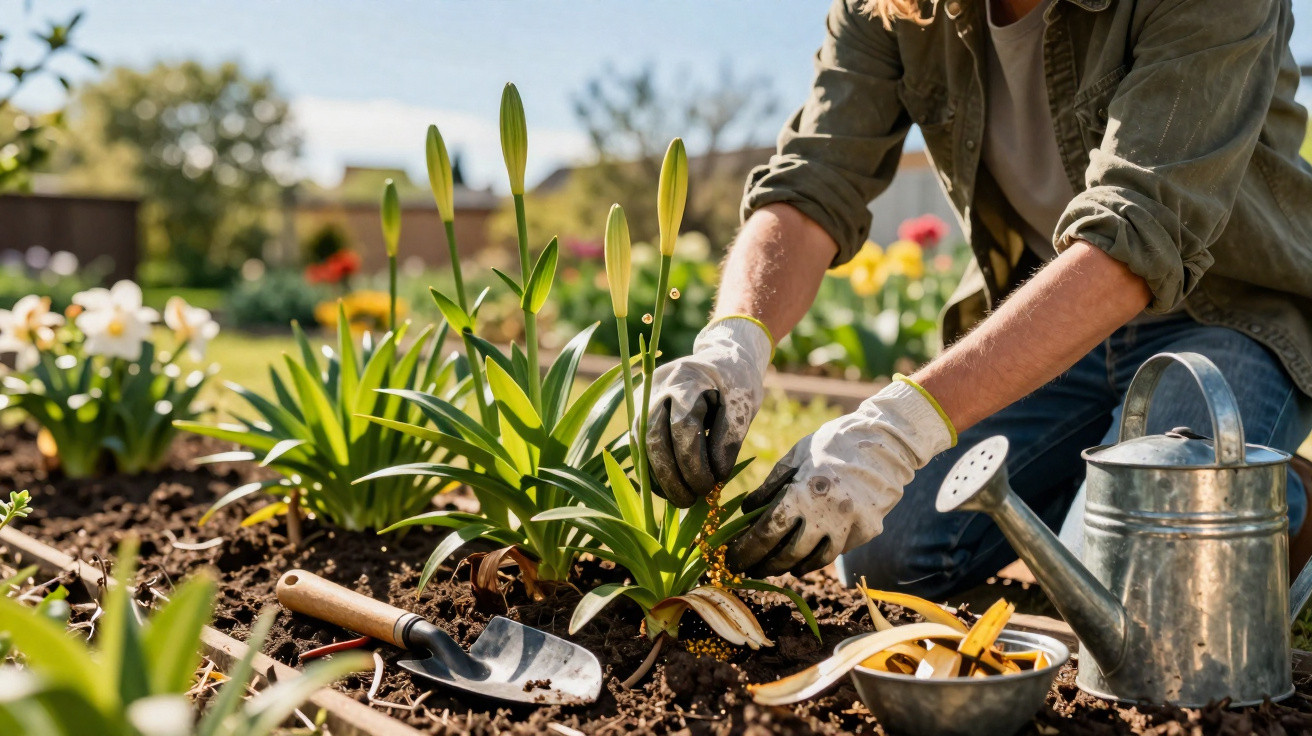 Pessoa a plantar flores num jardim com luvas, regador e ferramentas de jardinagem.