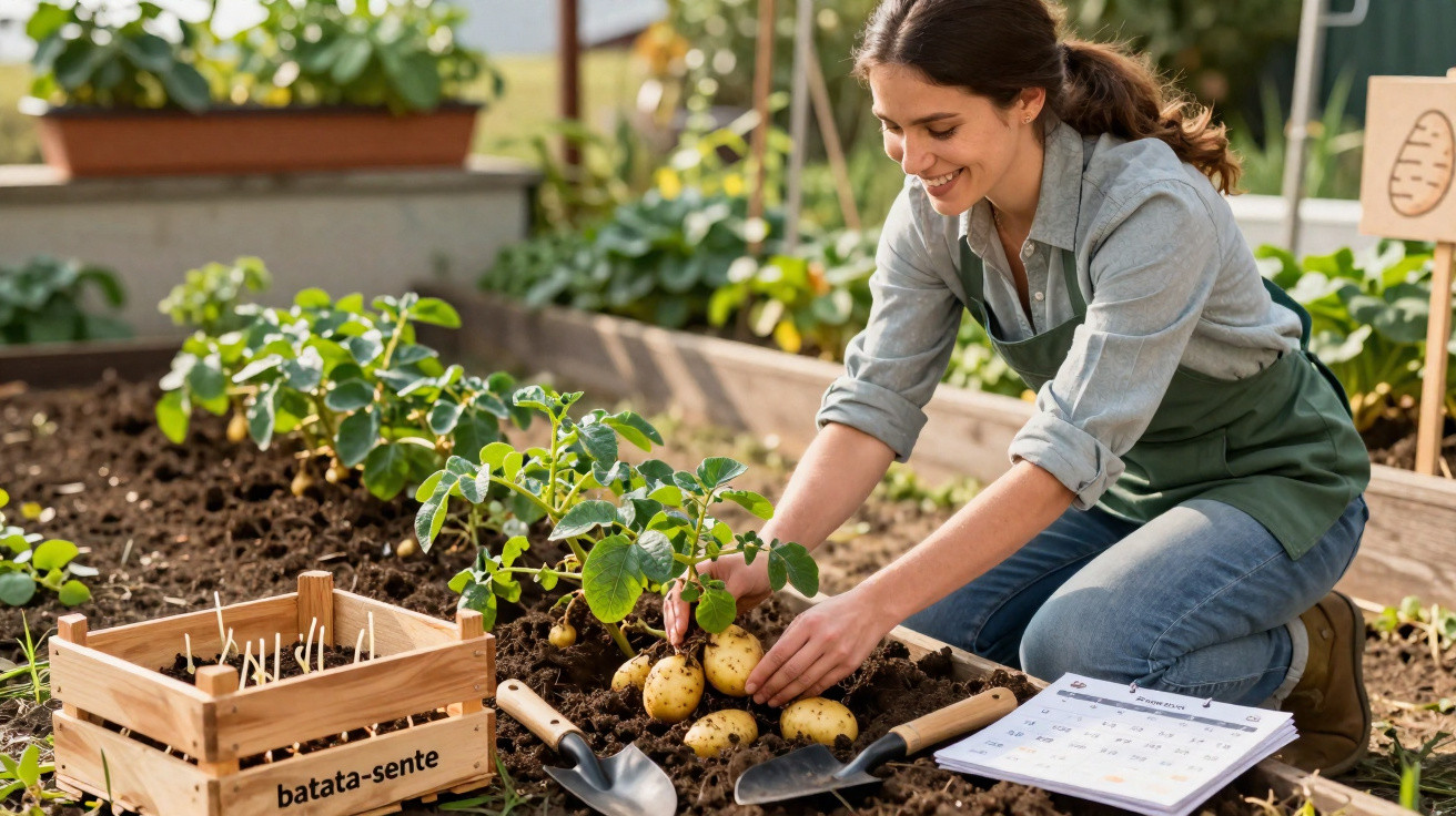 Mulher a apanhar batatas num jardim de hortas com caixa de batata-semente e ferramentas de jardim.
