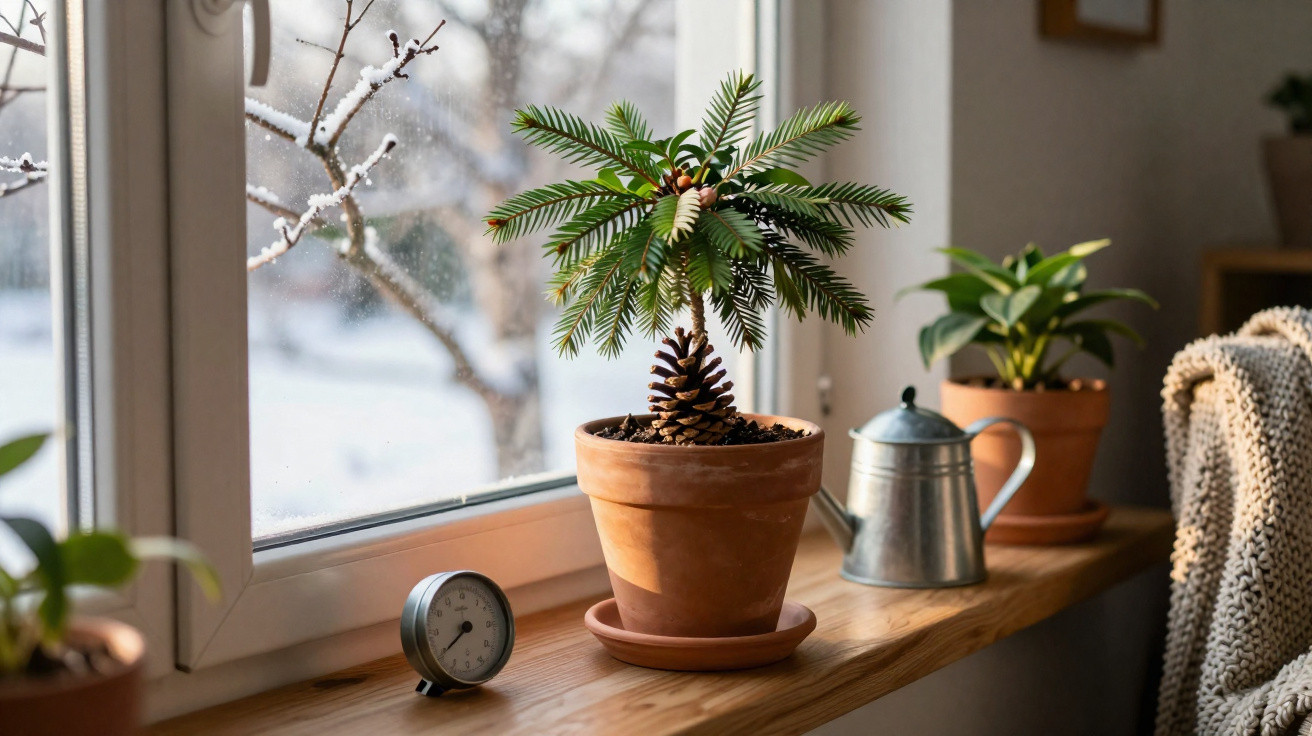 Vaso de plantas na janela com vista para a neve, regador metálico e relógio de mesa.