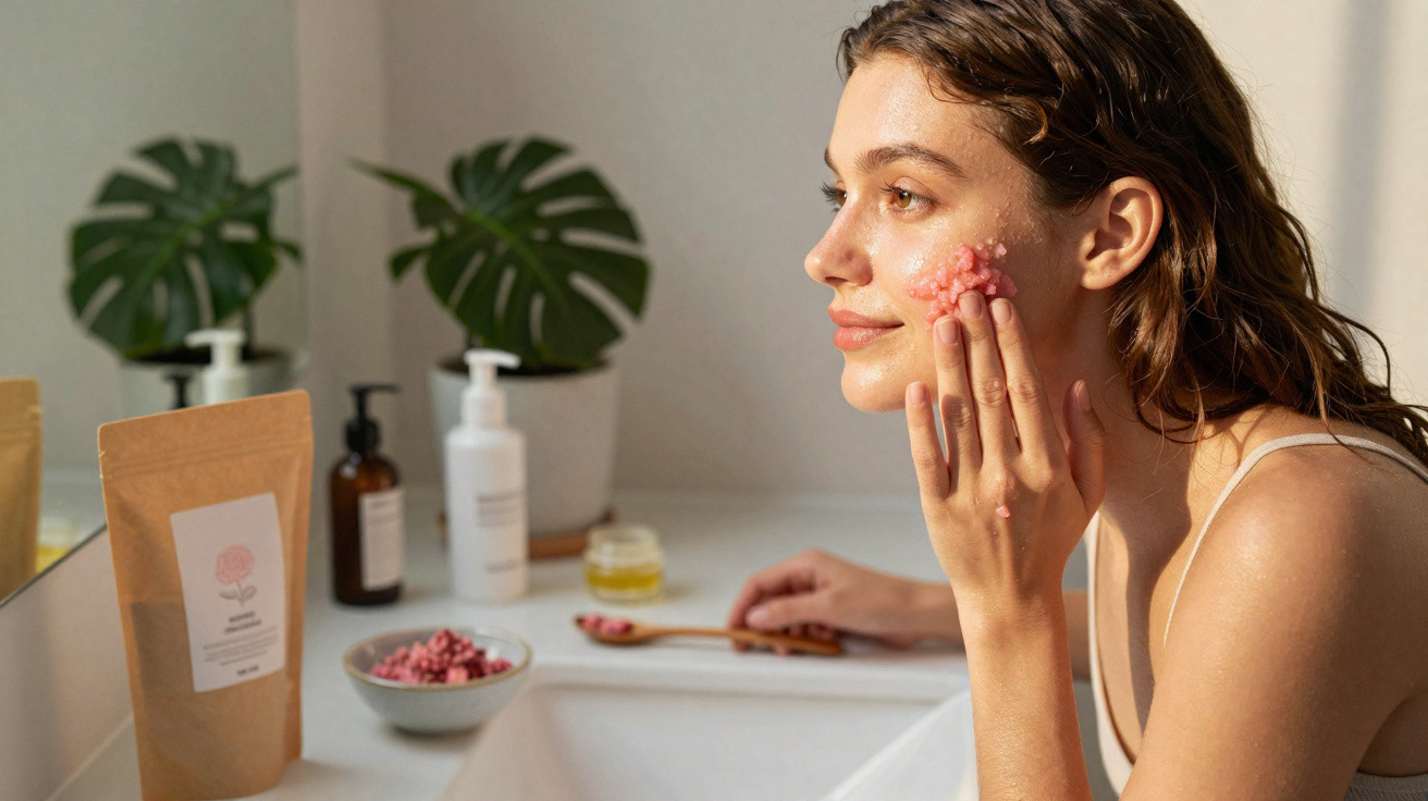 Mulher aplica esfoliante facial rosa num ambiente de casa de banho iluminado por luz natural.
