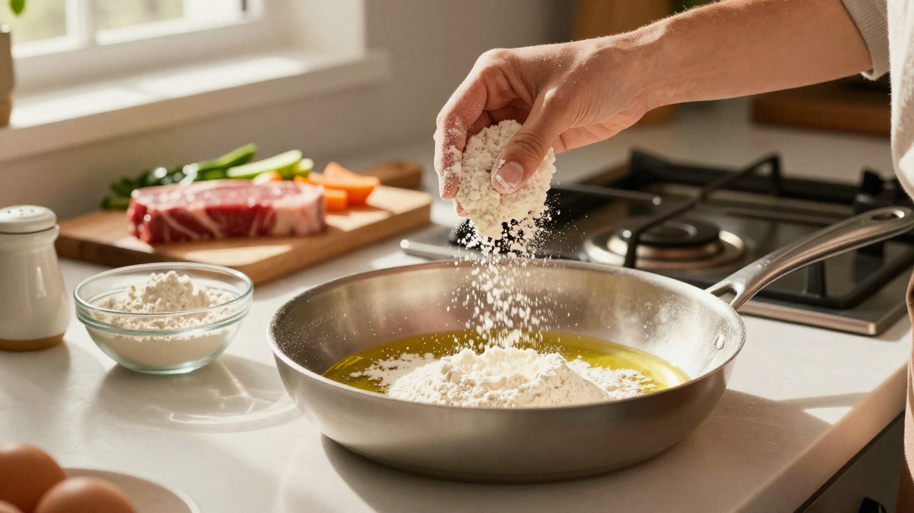 Pessoa a juntar farinha numa frigideira com azeite, com carne e legumes a cortar ao fundo na cozinha.