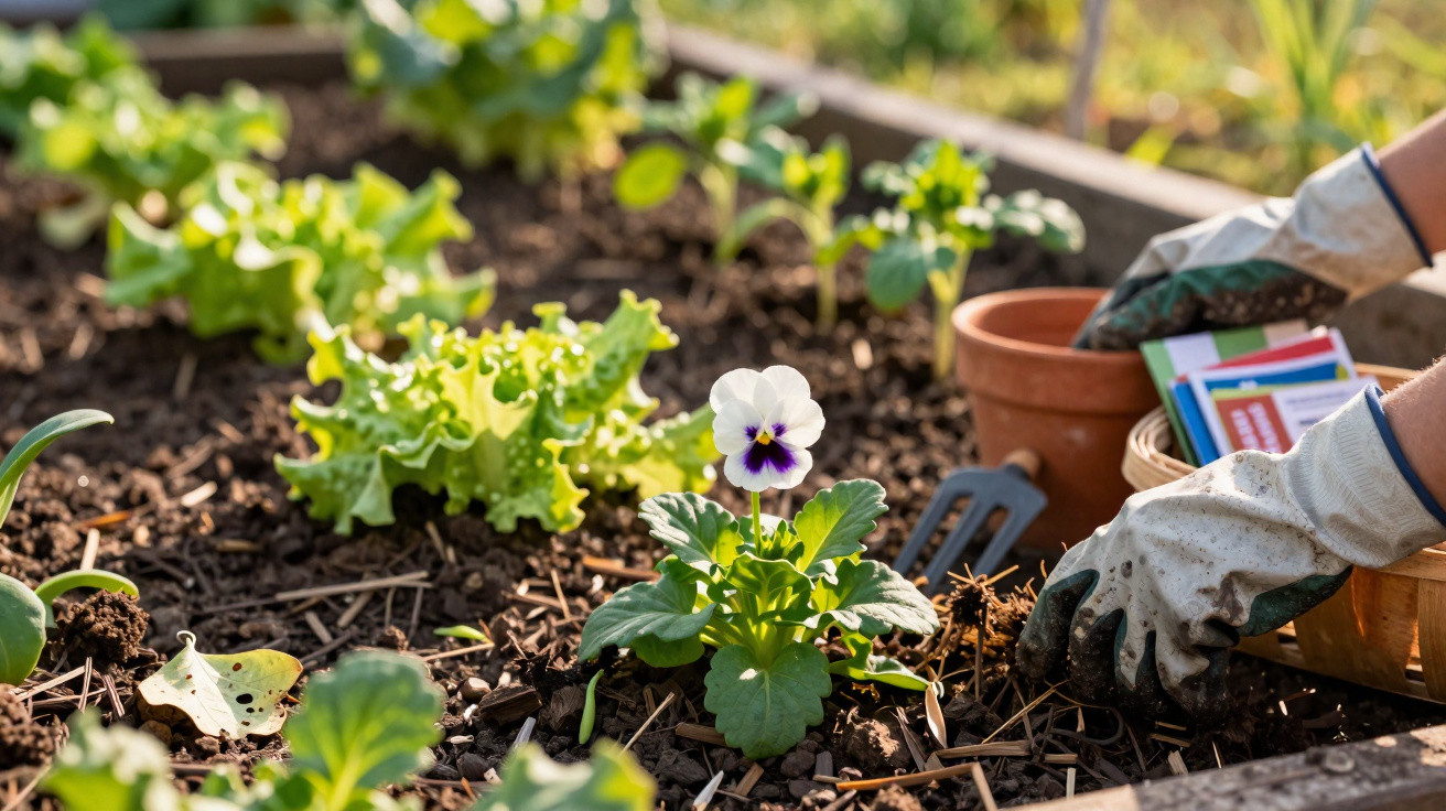 Mãos com luvas a plantar flor pansy branca e roxa num canteiro com alface e outra verdura.