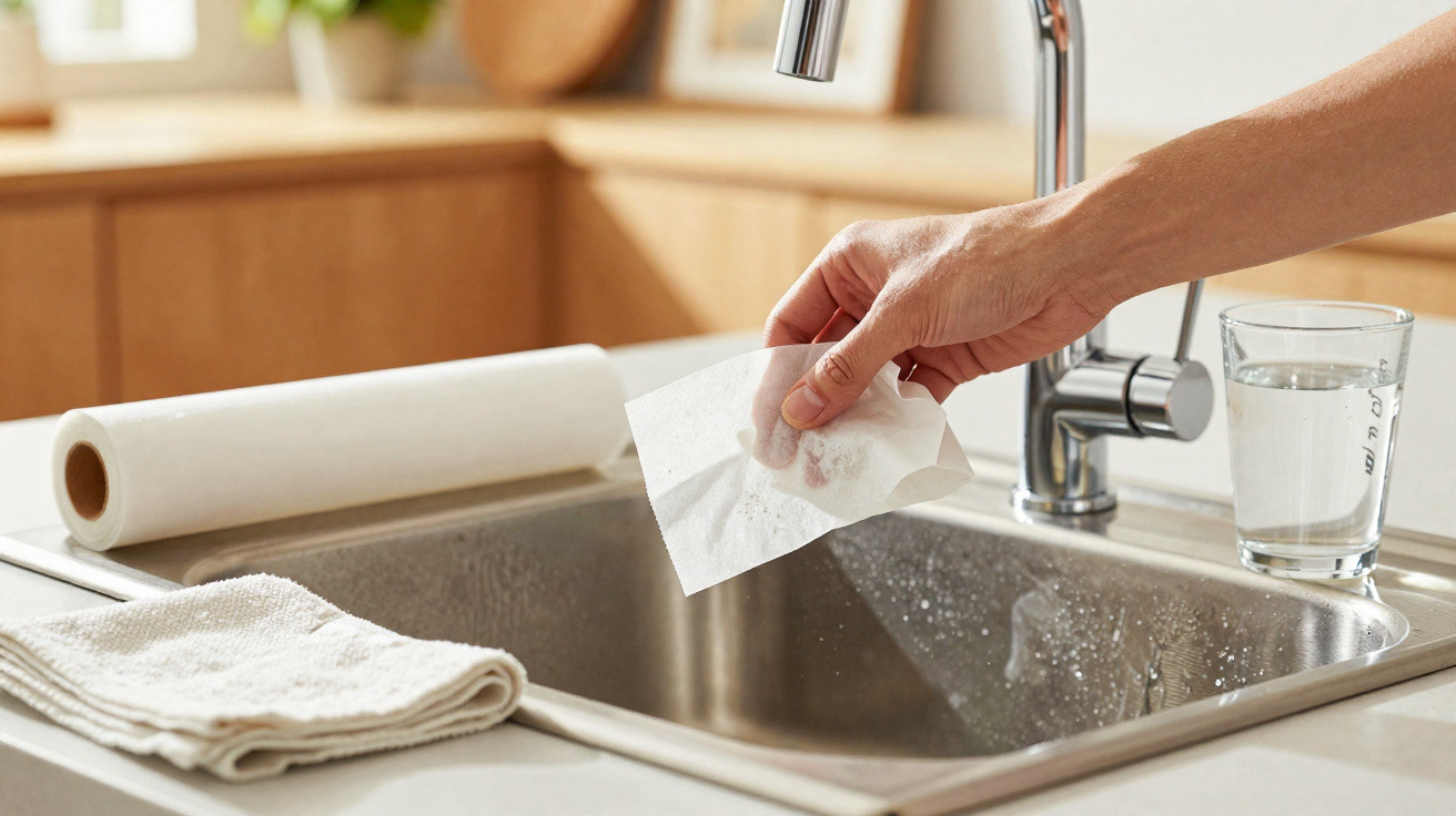 Mão a limpar pia de cozinha em aço inox com um papel húmido, ao lado rolo e pano branco sobre bancada.