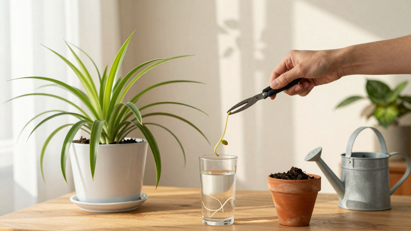 Pessoa a transplantar muda de planta com pinça, vaso vazio, copo com água e regador sobre mesa de madeira.