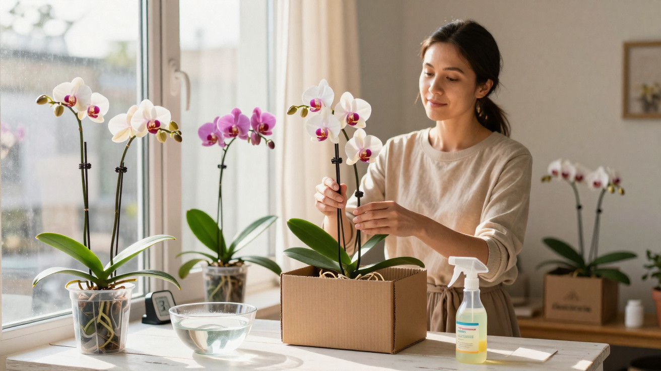 Mulher a cuidar de orquídeas brancas e rosas num ambiente iluminado junto a uma janela.
