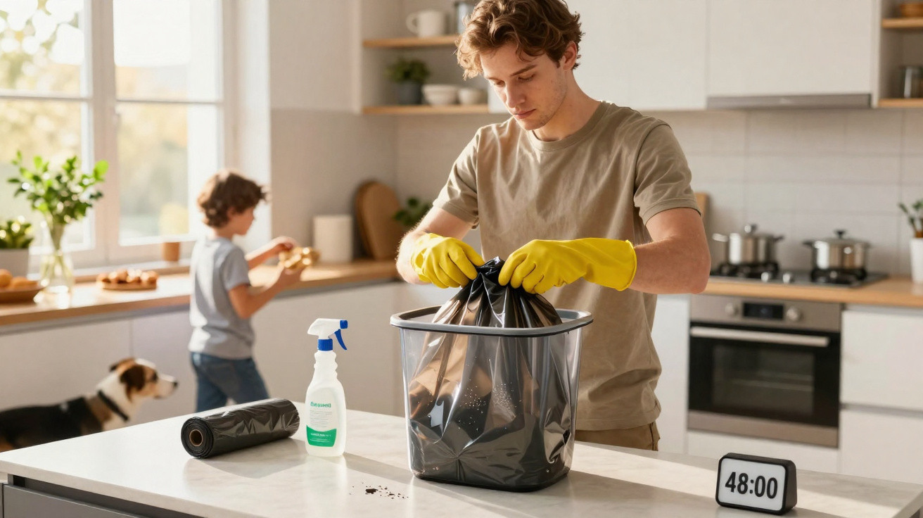 Homem com luvas amarelas a fechar saco de lixo na cozinha moderna durante limpeza.
