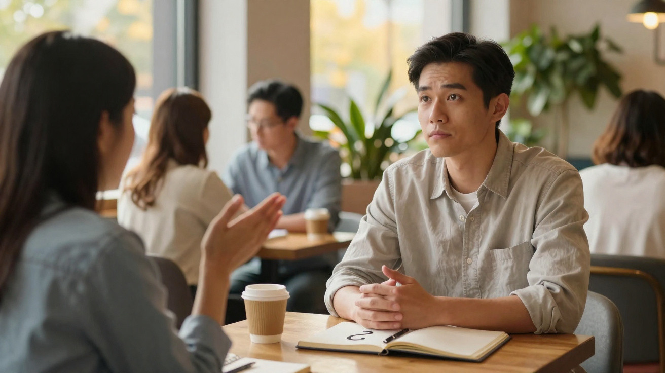 Duas pessoas a discutir com expressão séria numa cafeteria, com cadernos e copos de café na mesa.