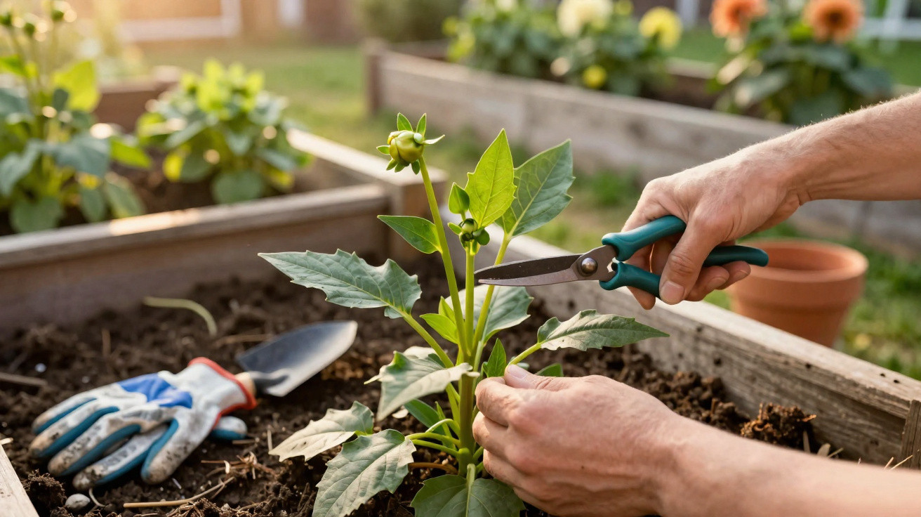 Pessoa a podar planta num canteiro com tesoura de jardinagem, luva e pá ao lado.