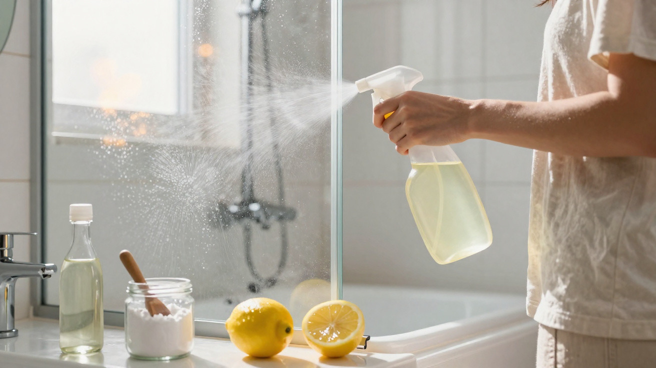 Pessoa a limpar vidro de casa de banho com spray enquanto há limões e recipientes na bancada.