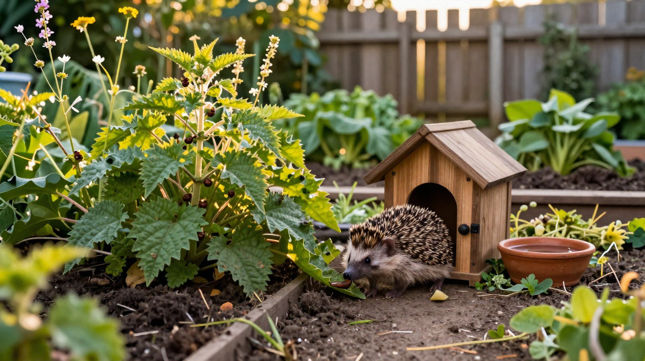 Girão de jardim com casa pequena em madeira e ouriço-bravo a explorar entre plantas e flores.