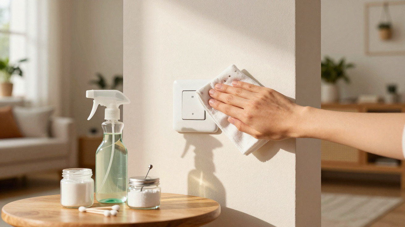 Pessoa a limpar interruptor de luz com pano, spray e recipientes de limpeza numa mesa redonda.