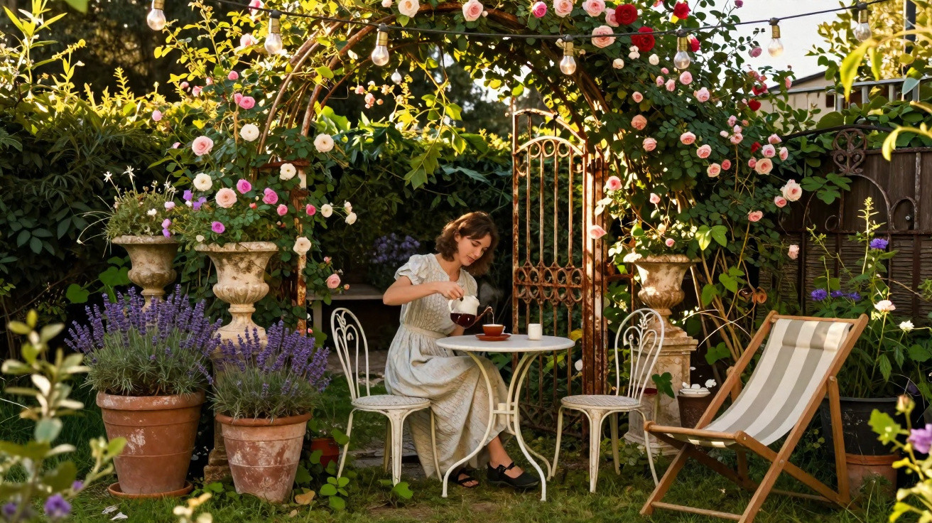 Mulher a servir chá numa mesa de jardim sob um arco de flores num ambiente tranquilo e ensolarado.
