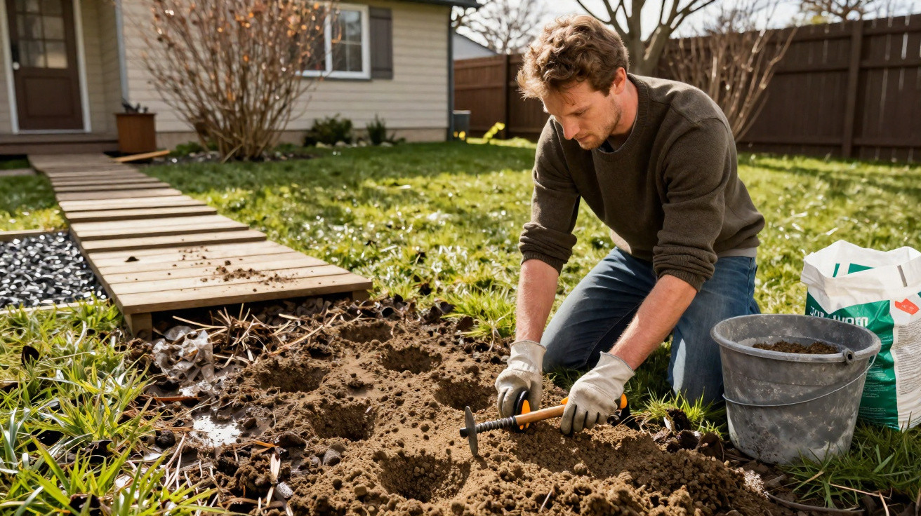 Homem a cavar buracos no jardim de uma casa para plantar com ferramentas de jardinagem.