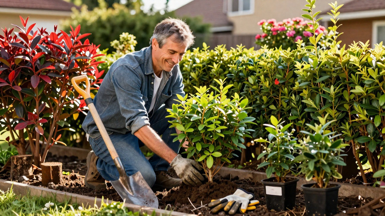 Homem a plantar uma pequena árvore num jardim com luvas e pá, rodeado de arbustos e flores.