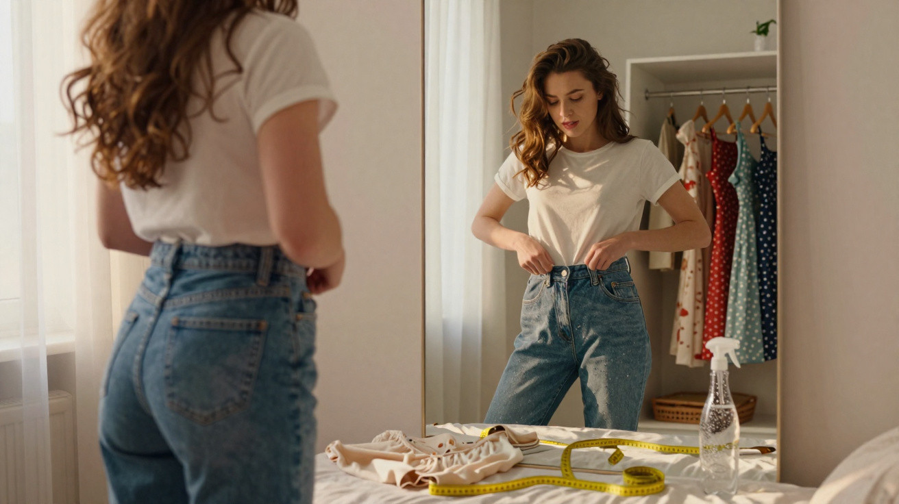 Mulher a experimentar jeans diante de um espelho num quarto com roupas penduradas ao fundo.