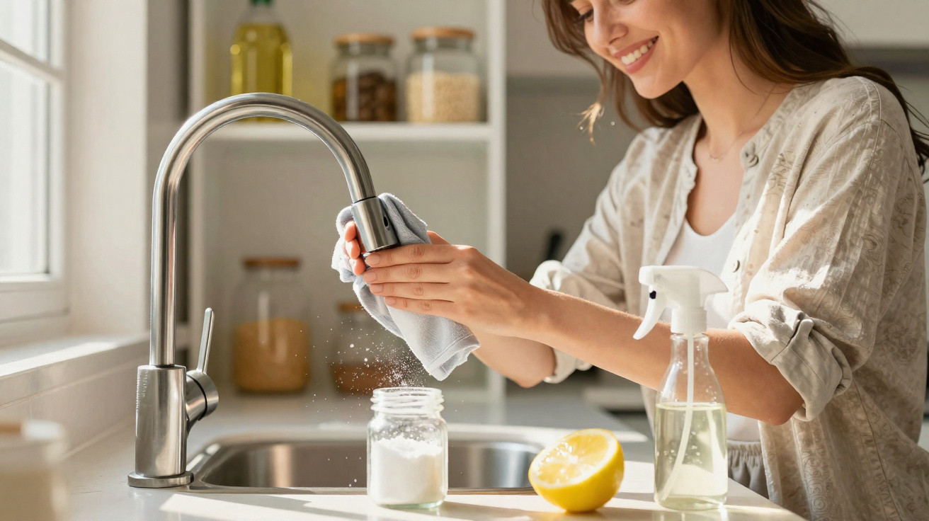 Mulher a limpar a torneira da cozinha com um pano, ao lado de spray de limpeza e meio limão.