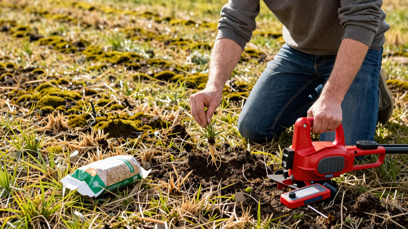 Pessoa ajoelhada no campo a segurar uma planta com raízes expostas perto de ferramentas e sacos de sementes.