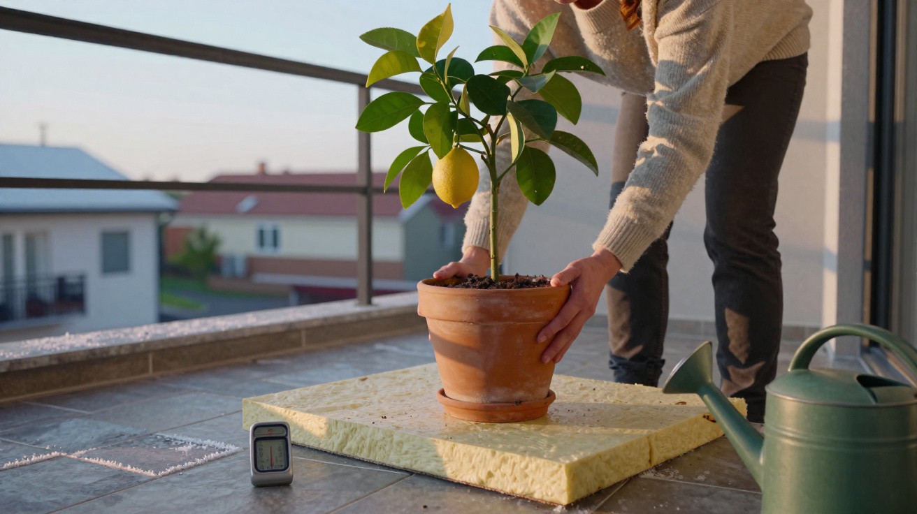 Pessoa a cuidar de uma plantação de limoeiro num vaso num terraço, com regador e termómetro ao lado.