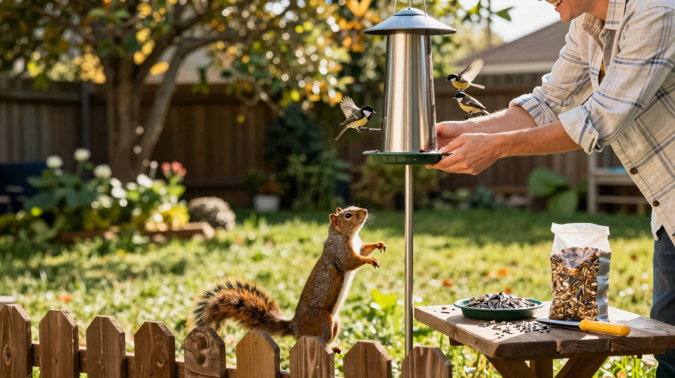 Esquilo na cerca observa pássaros a alimentarem-se enquanto pessoa segura comedouro no jardim ensolarado.
