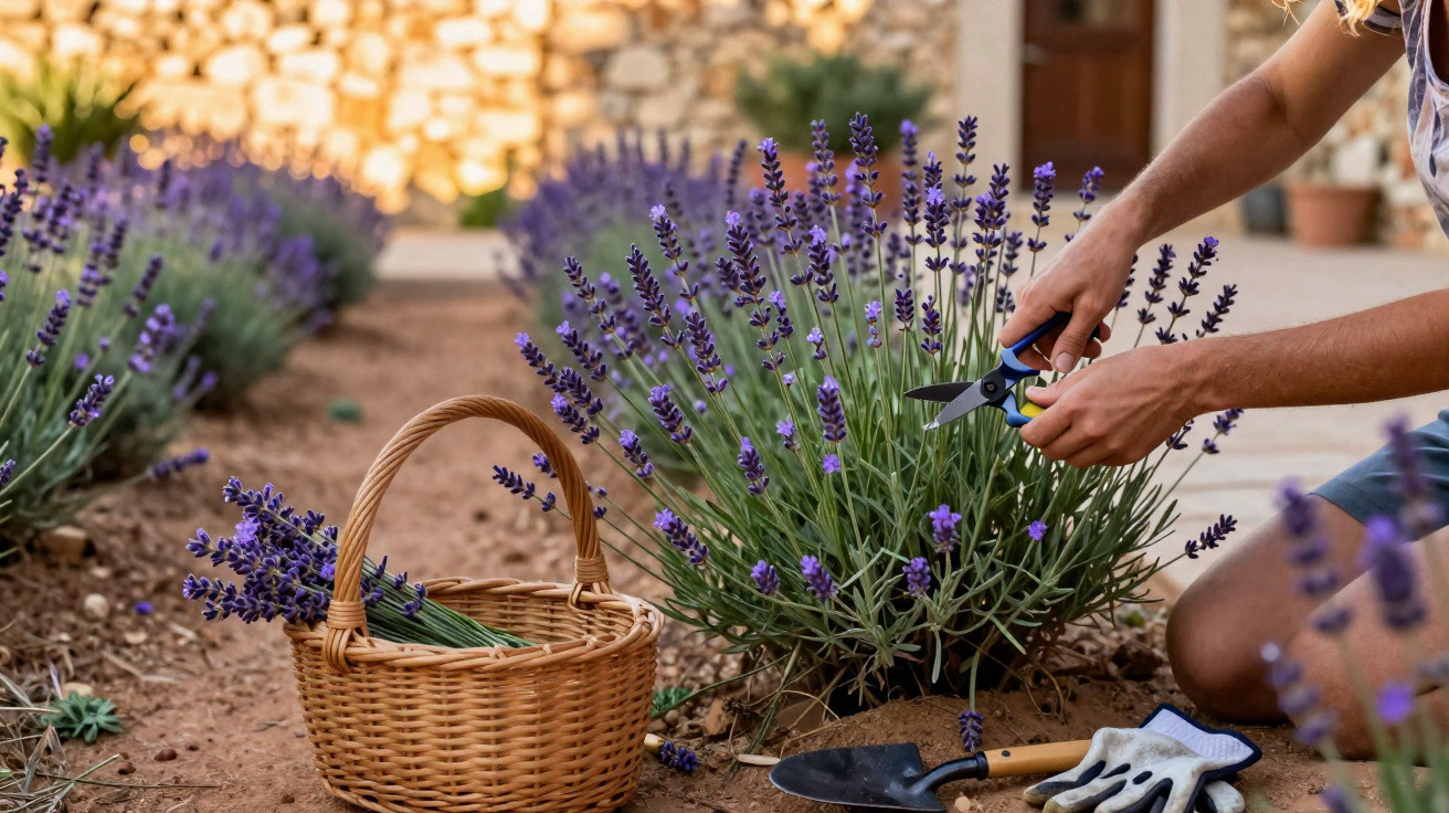 Pessoa a colher flores de lavanda num jardim com cesto e ferramentas no chão.