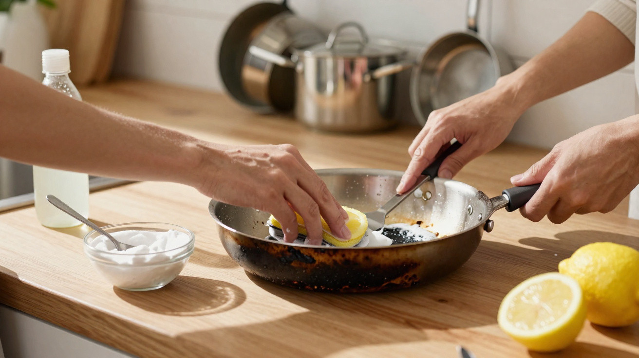 Duas pessoas a limpar uma frigideira queimada com rodelas de limão numa cozinha.