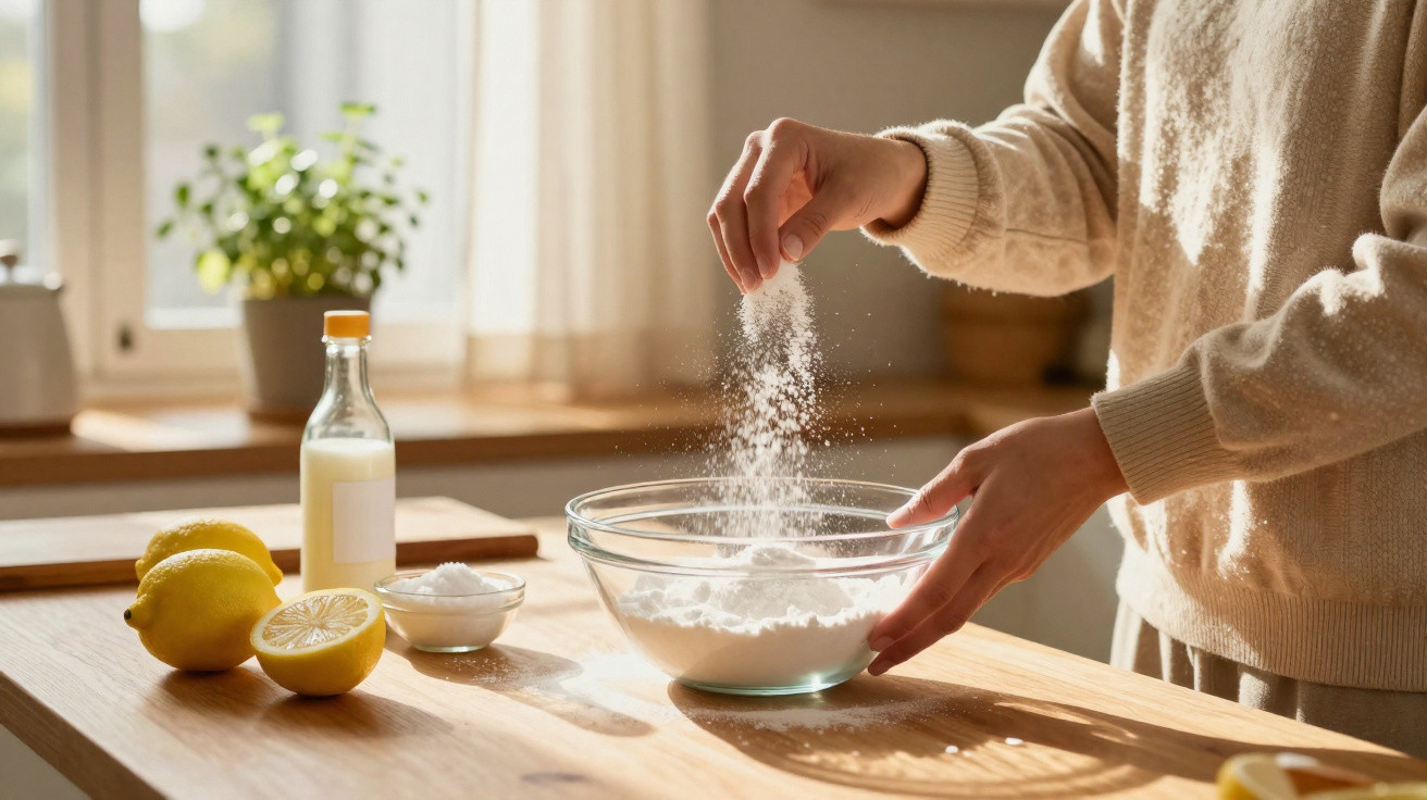 Pessoa a adicionar farinha numa taça de vidro numa cozinha iluminada, com limões e leite na bancada.
