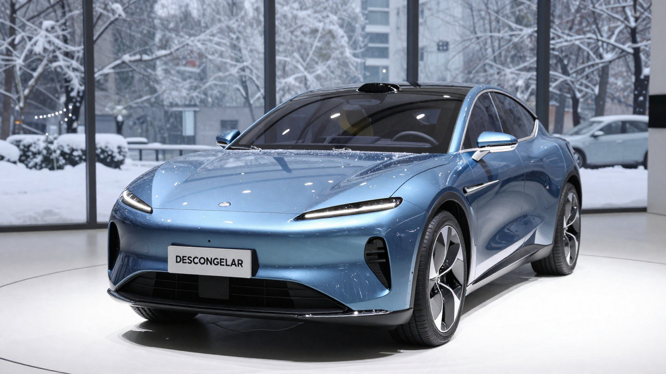 Carro elétrico azul metálico moderno exibido em ambiente interior com janela para cenário nevado.