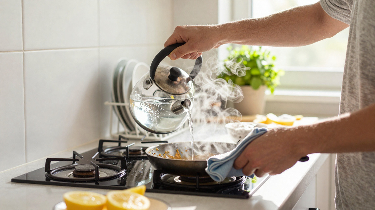 Pessoa a deitar água quente de um bule numa frigideira num fogão a gás numa cozinha iluminada.