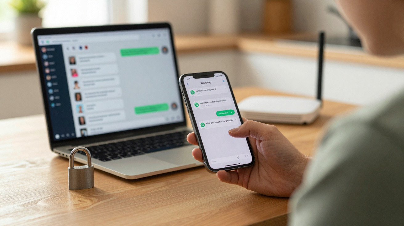 Pessoa a usar smartphone para ler mensagens de uma aplicação de chat, com portátil aberto e cadeado numa mesa.
