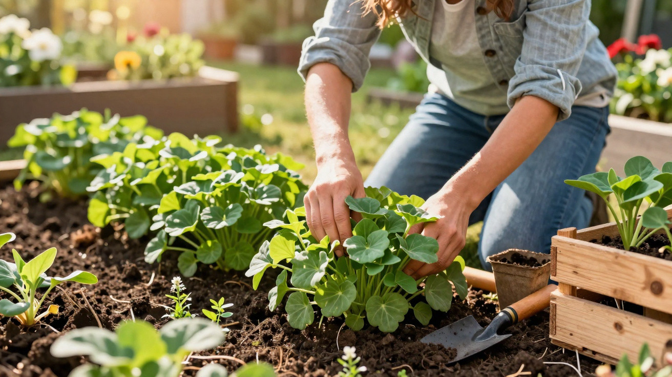 Pessoa a cuidar de plantas verdes num jardim, rodeada de terra e ferramentas de jardinagem.