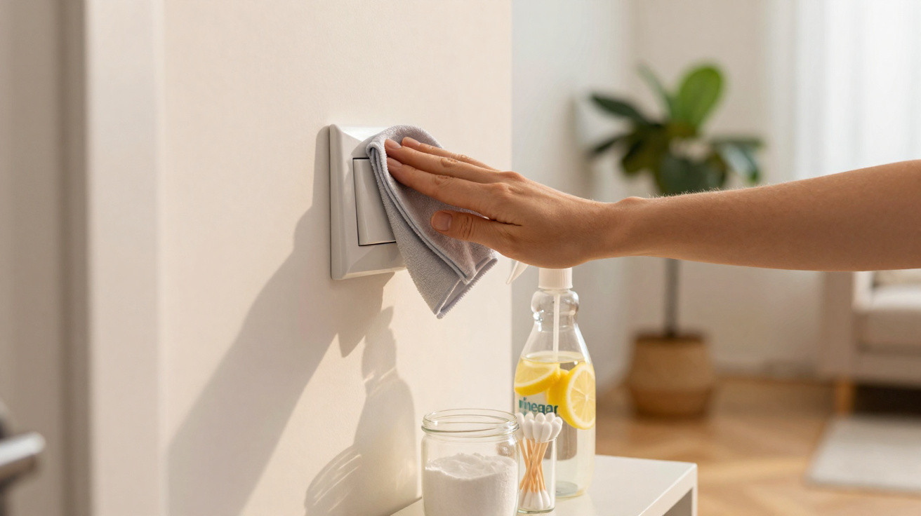 Pessoa a limpar um interruptor de luz com um pano cinzento, ao lado de spray, palitos e bicarbonato.