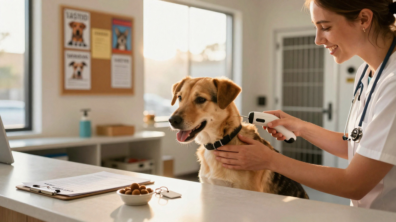 Veterinária a escanear microchip de cão no balcão da clínica veterinária.