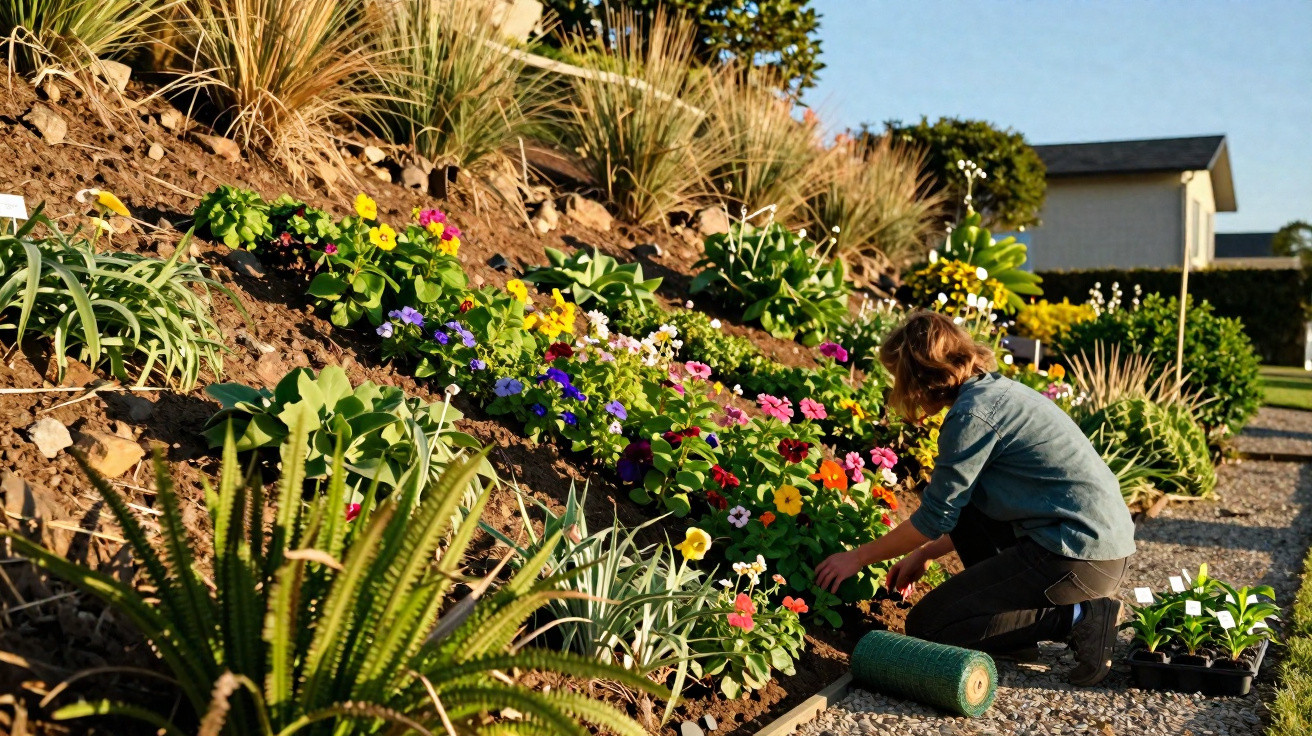 Pessoa a cuidar de flores coloridas num jardim exterior em encosta inclinada, em dia soalheiro.