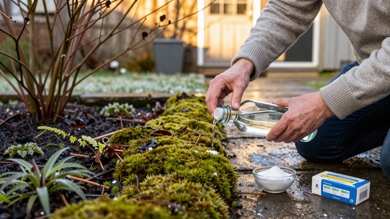 Pessoa a deitar líquido numa área com musgo, com caixa e recipiente de sal ao lado, num jardim exterior.