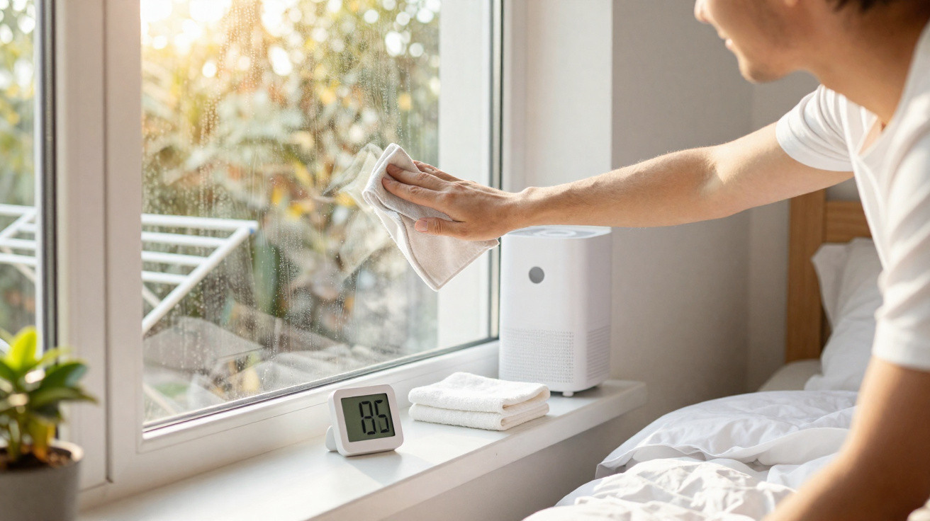 Pessoa a limpar o vidro de uma janela com um pano, com temperatura digital e plantas na janela.