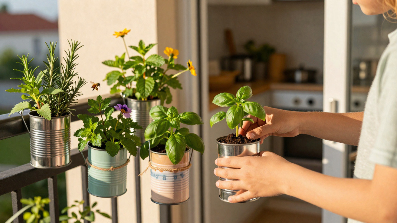 Pessoa a cuidar de plantas aromáticas em latas penduradas na varanda de casa.
