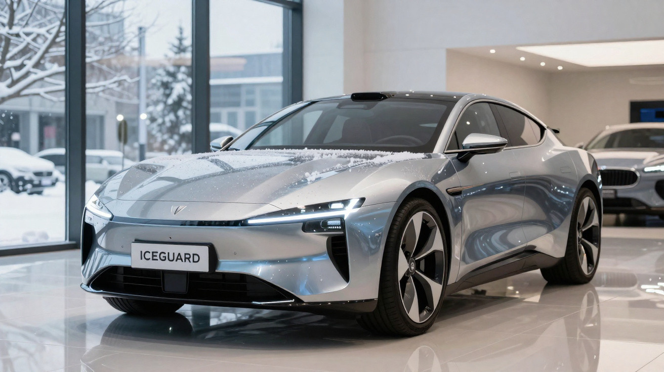 Carro elétrico prateado ICEGUARD exibido numa sala de exposição com neve no capô e janelas ao fundo.
